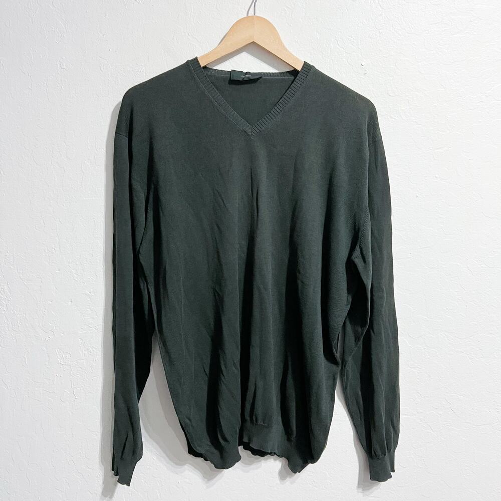Zanone Sweater Mens Sz 54 XL V Neck Green Charcoal Gray Lightweight Cotton